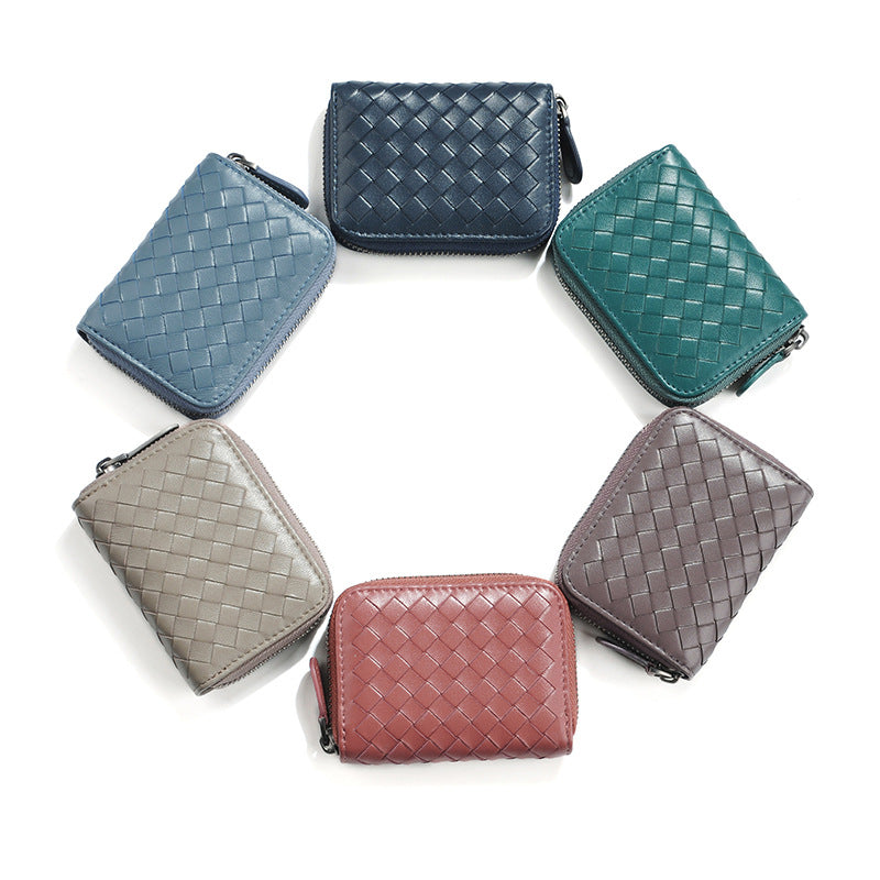 Women's Genuine Leather Mini Sheepskin Woven Business Card Holder