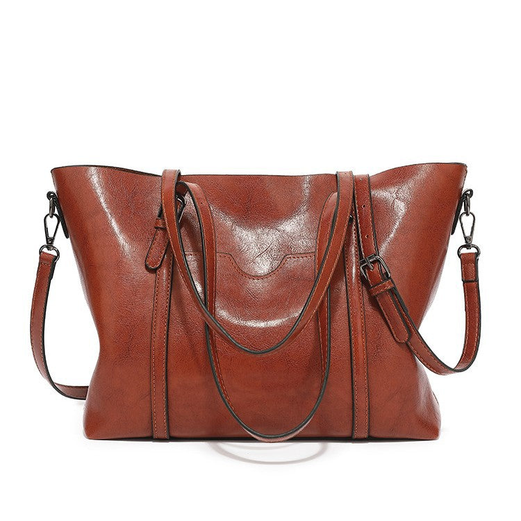 Women's Fashion Trendy Oil Leather Portable Big Women's Shoulder Bag