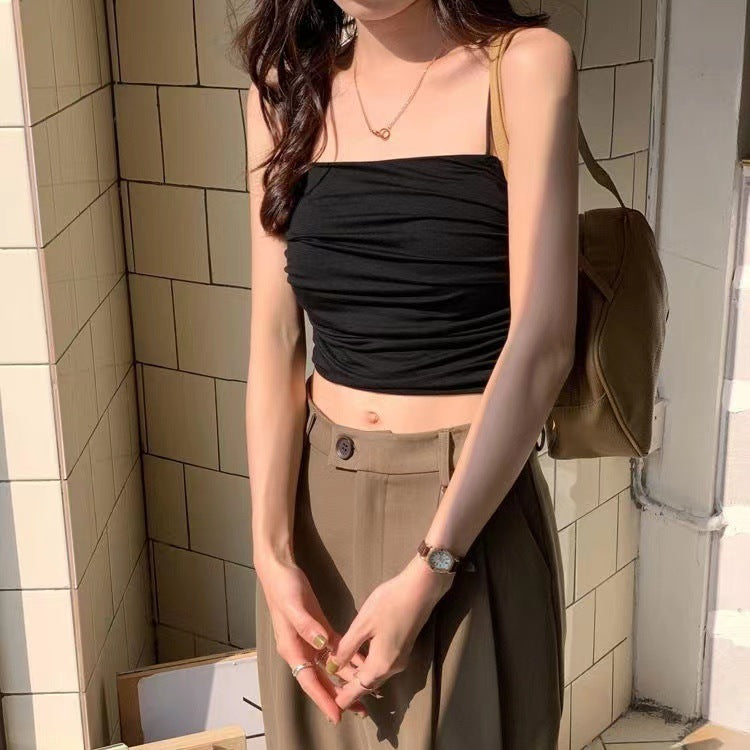 Pleated Ice Silk Tube Top Fixed Cup Mid-length Tanks Camis