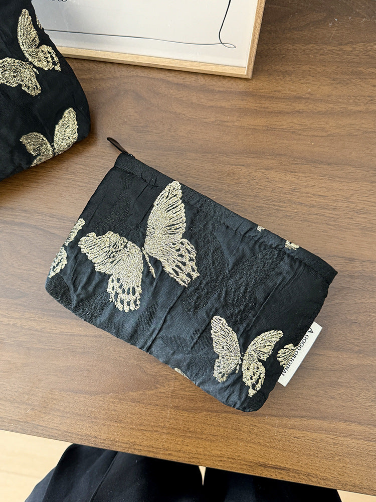 Gold Silk Butterfly Fabric Storage Clutch Canvas Makeup Bag