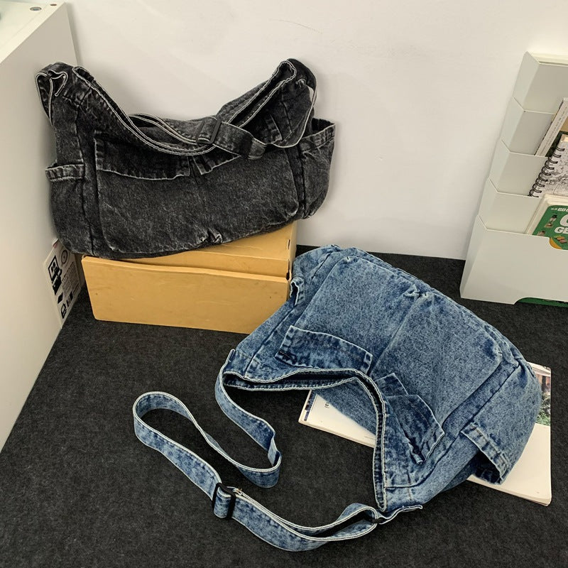 Women's Tooling Style Denim Canvas Large Capacity Class Tote Bags