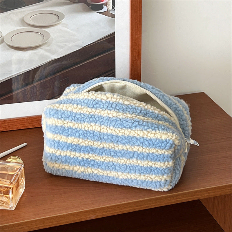 Striped Plush Large Capacity Pencil Wash Portable Storage Bags