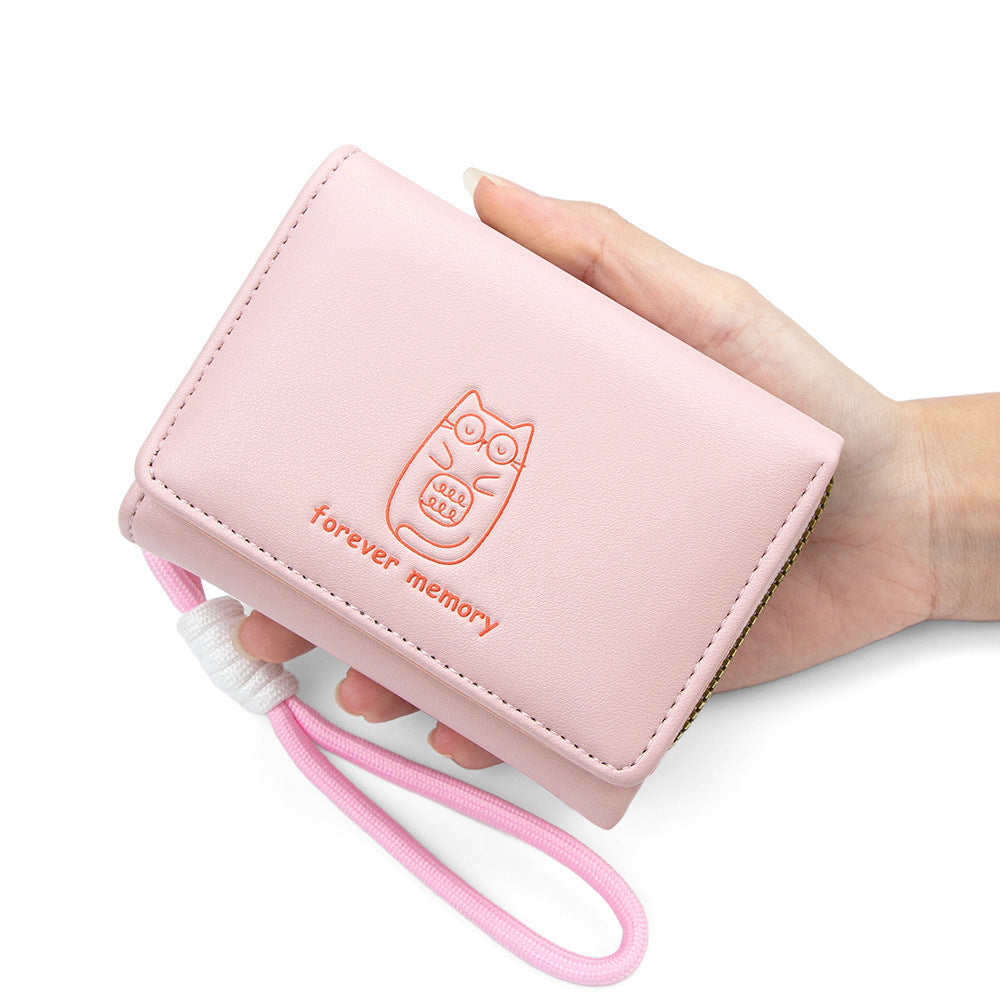 Women's Style Cat Lanyard Simple Short Three Fold Fresh Printed Coin Purses