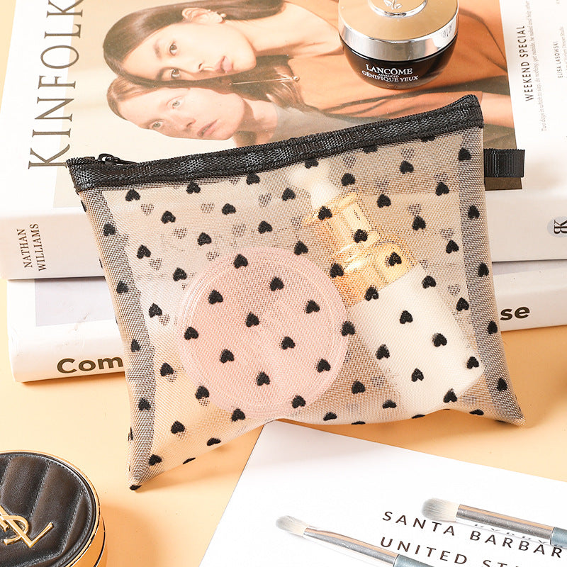 Flocking Pink Mesh Heart Portable Wash Cosmetic Bags