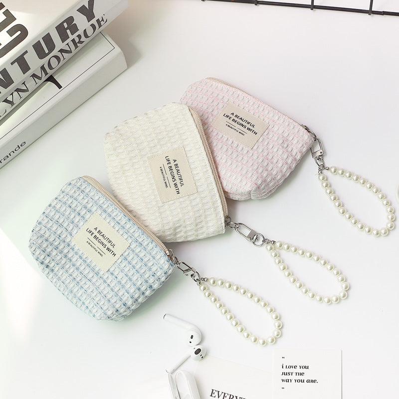 Cute Hand-woven Female Compact Pearl Zipper Coin Purses