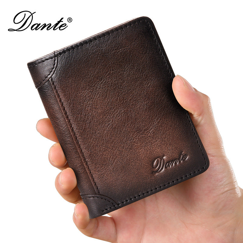 Men's Genuine Leather Swiping Vertical Three-fold Vintage Men's Wallets