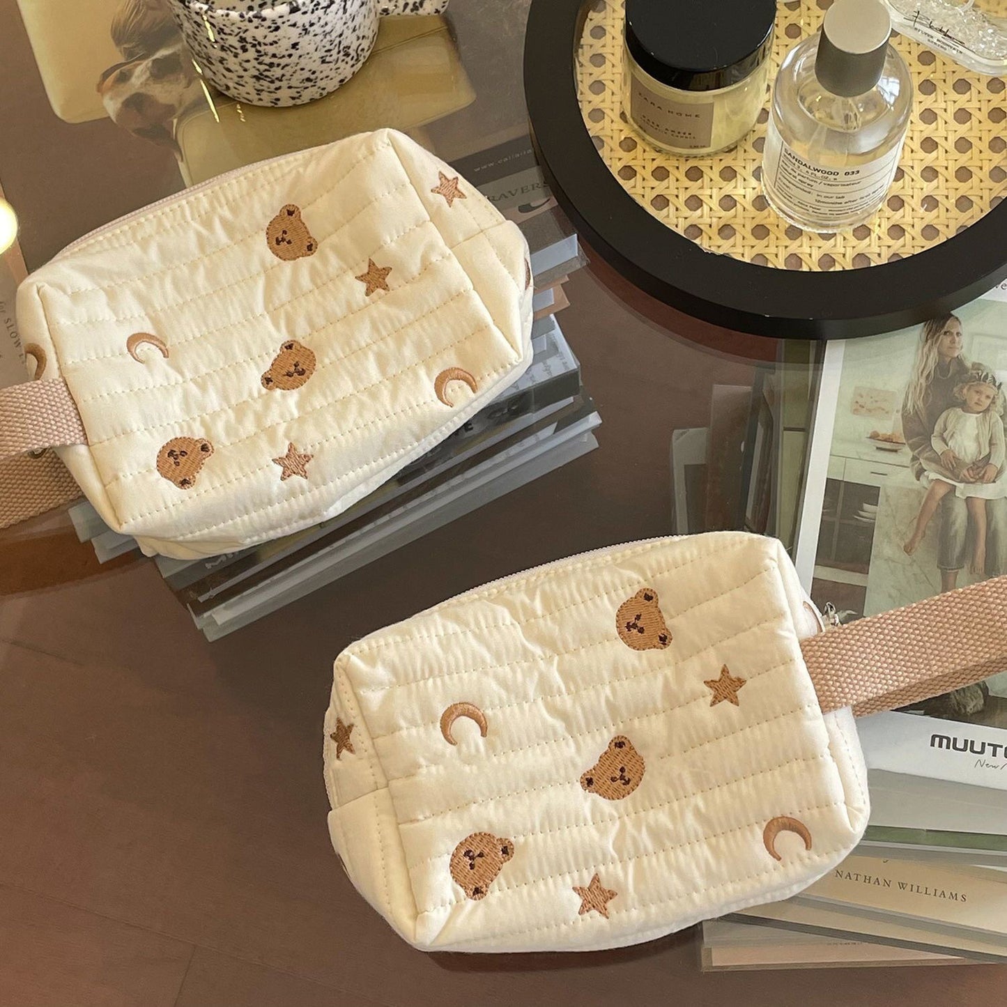 Embroidered Bear Portable Stationery Quilted Cotton Wrist Cream Style Cosmetic Bags