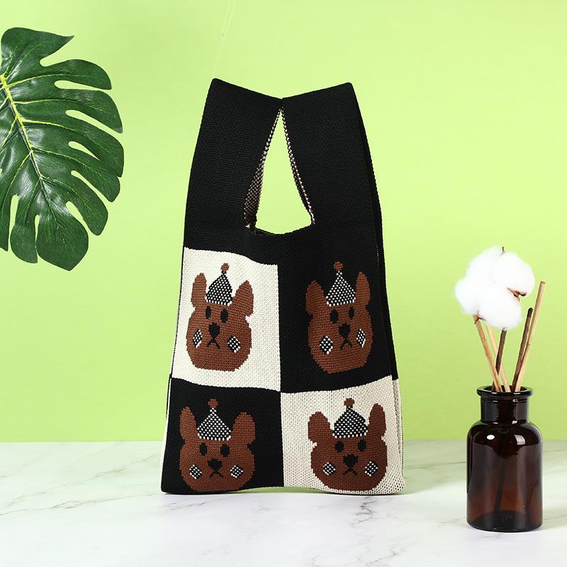 Women's Capacity Knitted Fashion Out Portable Korean Style Little Bear Handbags
