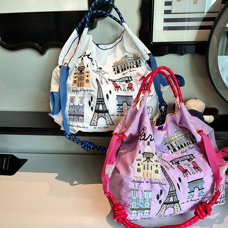 Iron Tower Embroidery Shopping Large Capacity Handbags