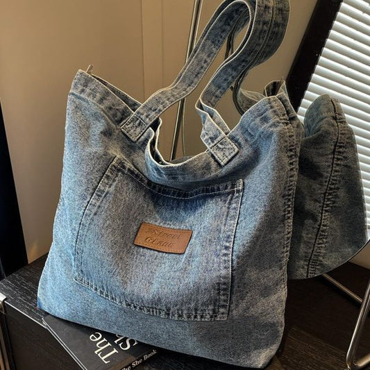Style Leisure Artistic Washed Denim Cloth Texture Large Crossbody Bags