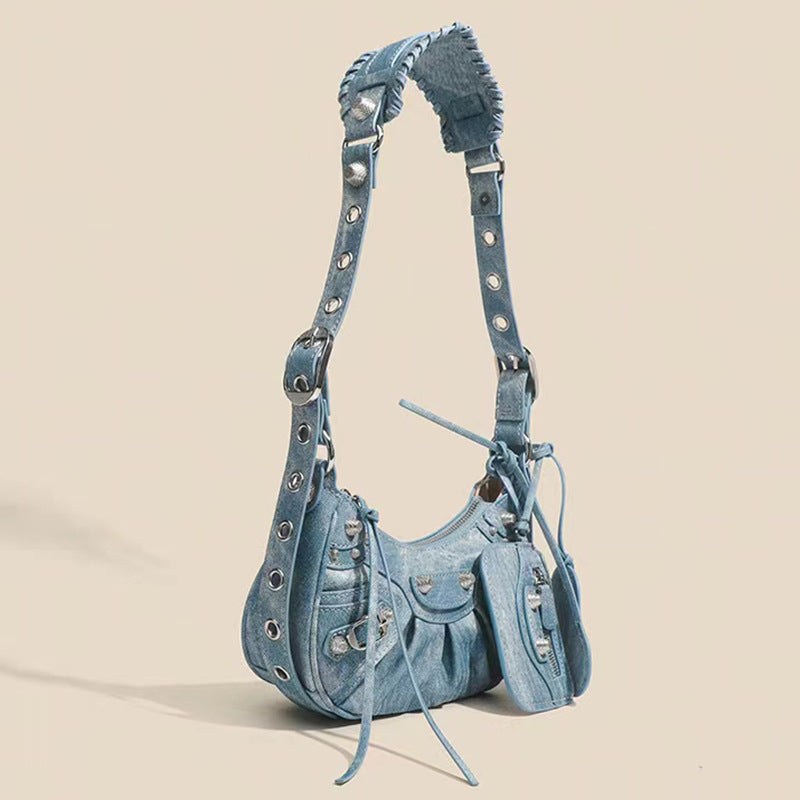 Women's Trendy Retro Underarm Pleated Rivet Tassel Half Bags