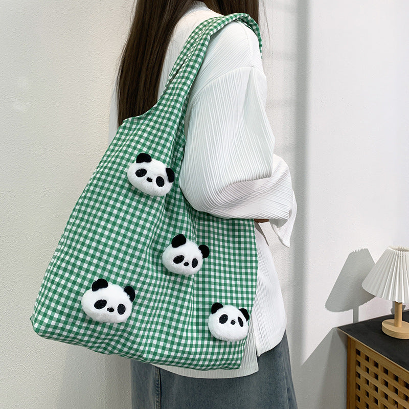 Large Capacity Simple Panda Doll Plaid Vest Shoulder Bags