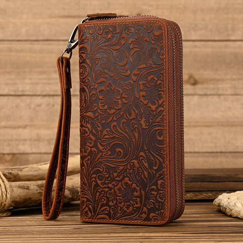 Men's Crazy Horse Leather Long Real Zipper Cowhide Clutch Men's Wallet
