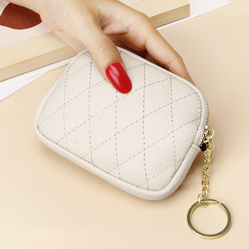 Cowhide Zipper Pocket Diamond Chain Mini Female Purses