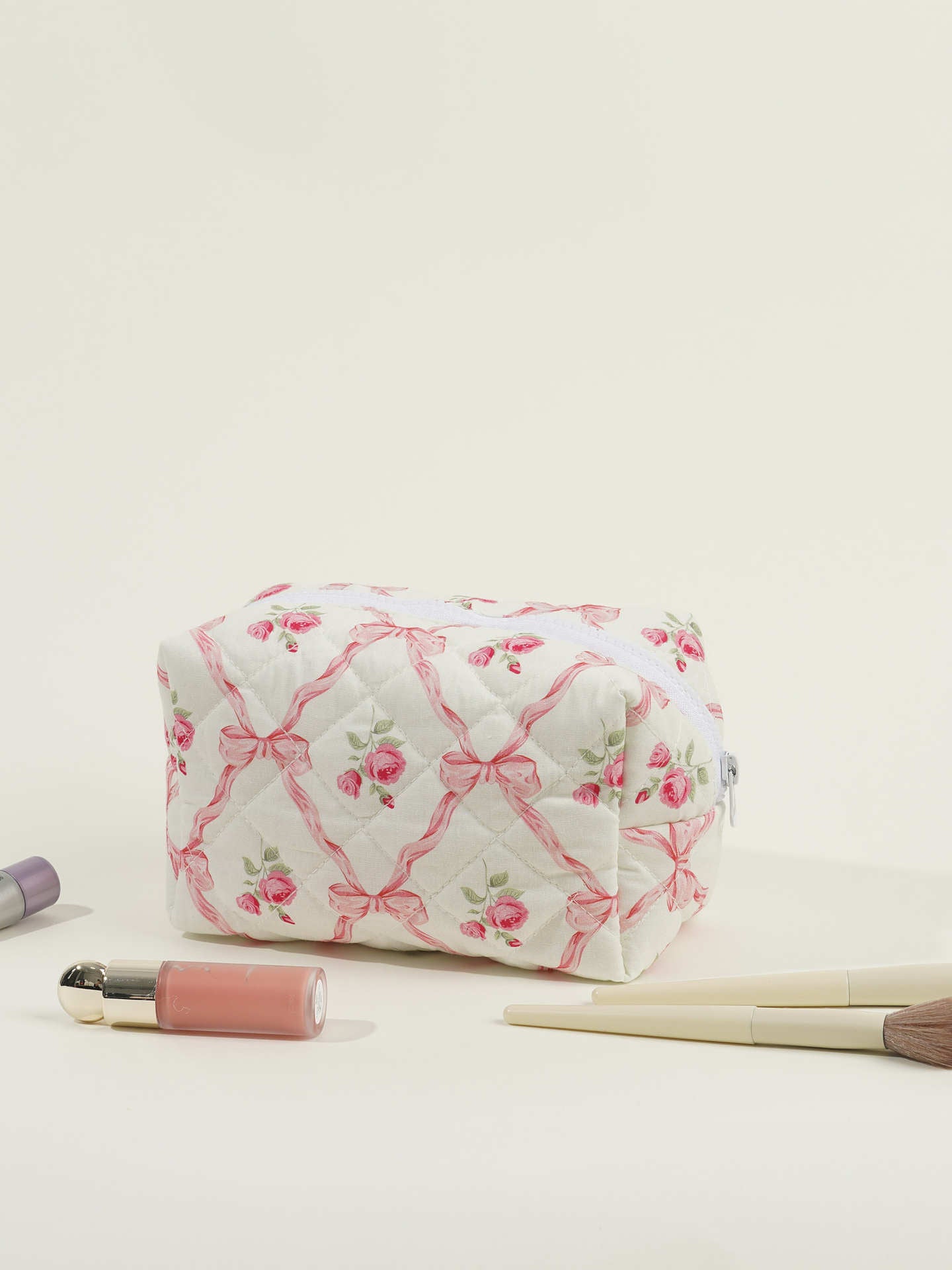 Quilted Large Capacity Bow Printed Rose Cosmetic Bags