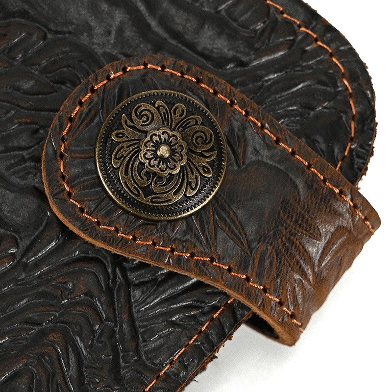 Men's Long Genuine Leather Crazy Horse Dragon Pattern Iron Chain Men's Wallet