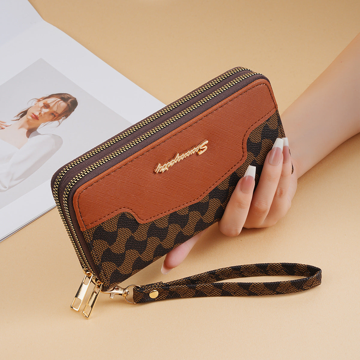 Women's Print Stitching Long Large Capacity Clutch High-grade Double Bags