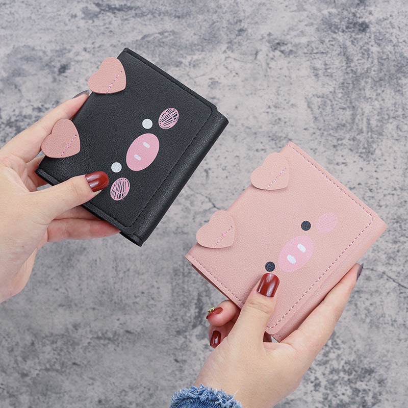 Short Female Cartoon Piggy Cute Three Folding Coin Purses