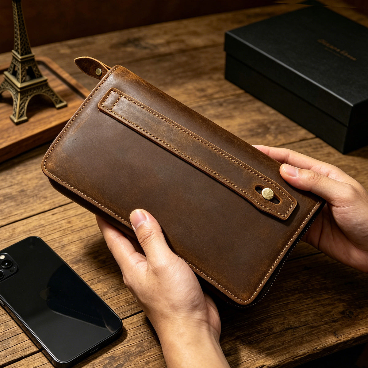 Men's Horse Leather Long Genuine Zipper Multiple Slots Men's Wallet