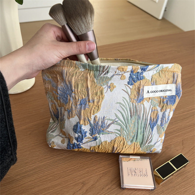 Flower Fabric Art Clutch Wrinkle Texture Large Makeup Bag