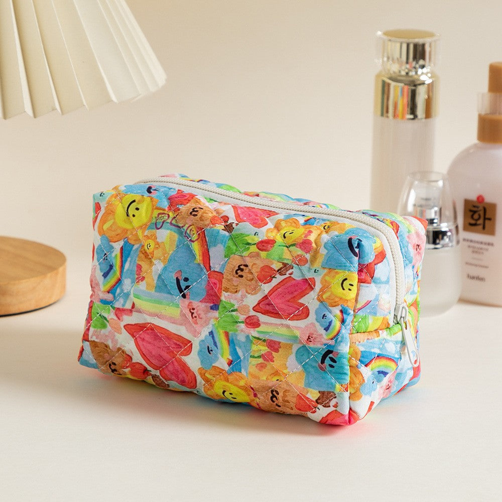 Floral Quilted Toiletries Portable Cosmetics Storage Makeup Bag