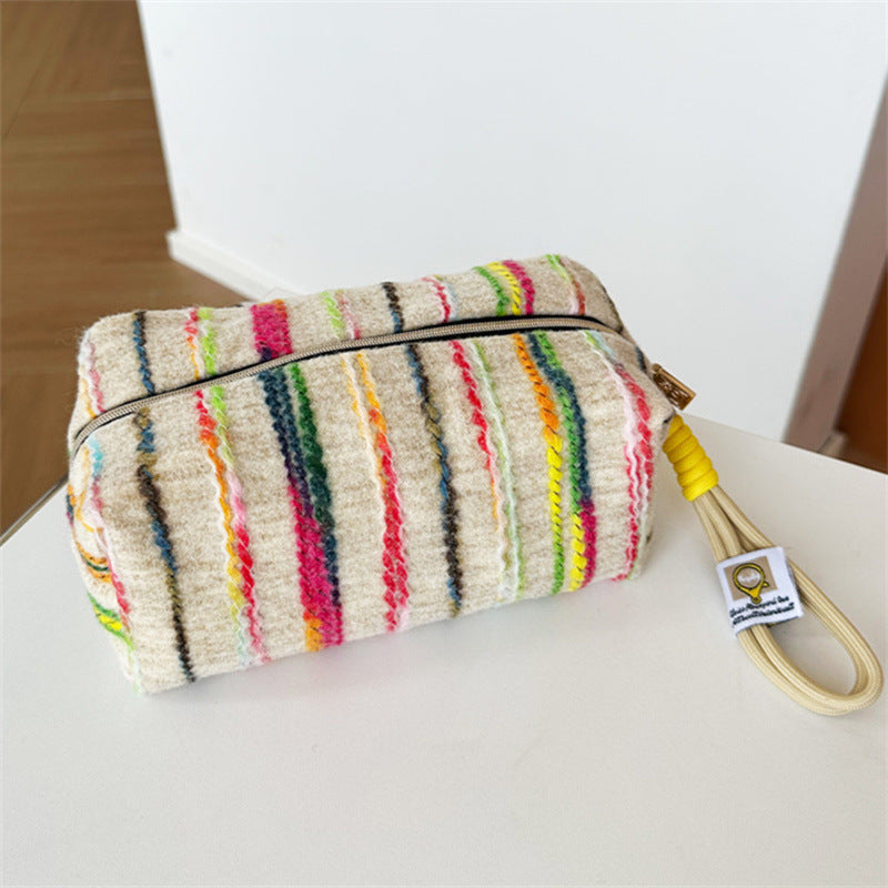 Striped Contrast Color Korean Style Canvas Three-dimensional Commuter Large Capacity Makeup Bag