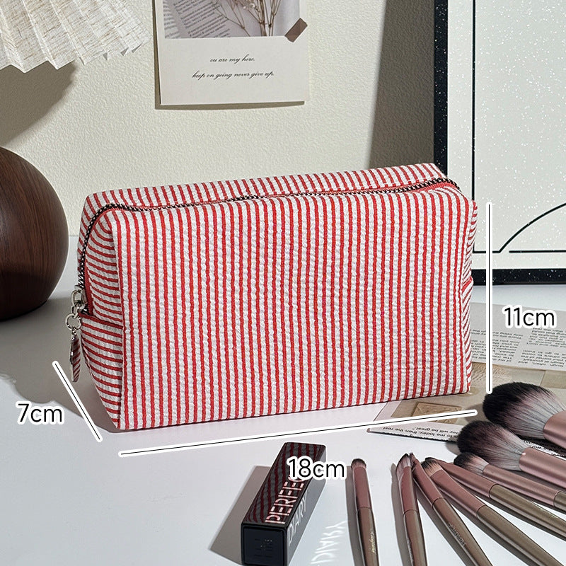 Striped Make-up Large Capacity Seersucker Embroidered Portable Out Makeup Bag