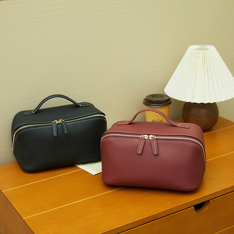 Women's Cowhide Textured Portable Toiletry Fashionable Leather Makeup Bag