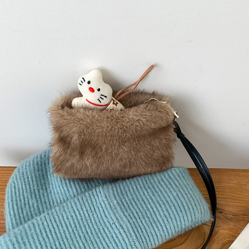 Women's Korean Style Solid Color Creative Plush Portable Earphone Bags