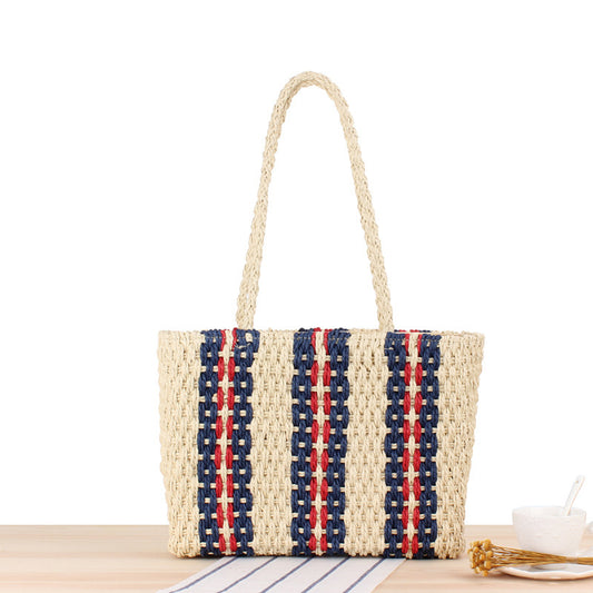 Women's Vertical Striped Straw Fashion Summer Vacation Shoulder Bags