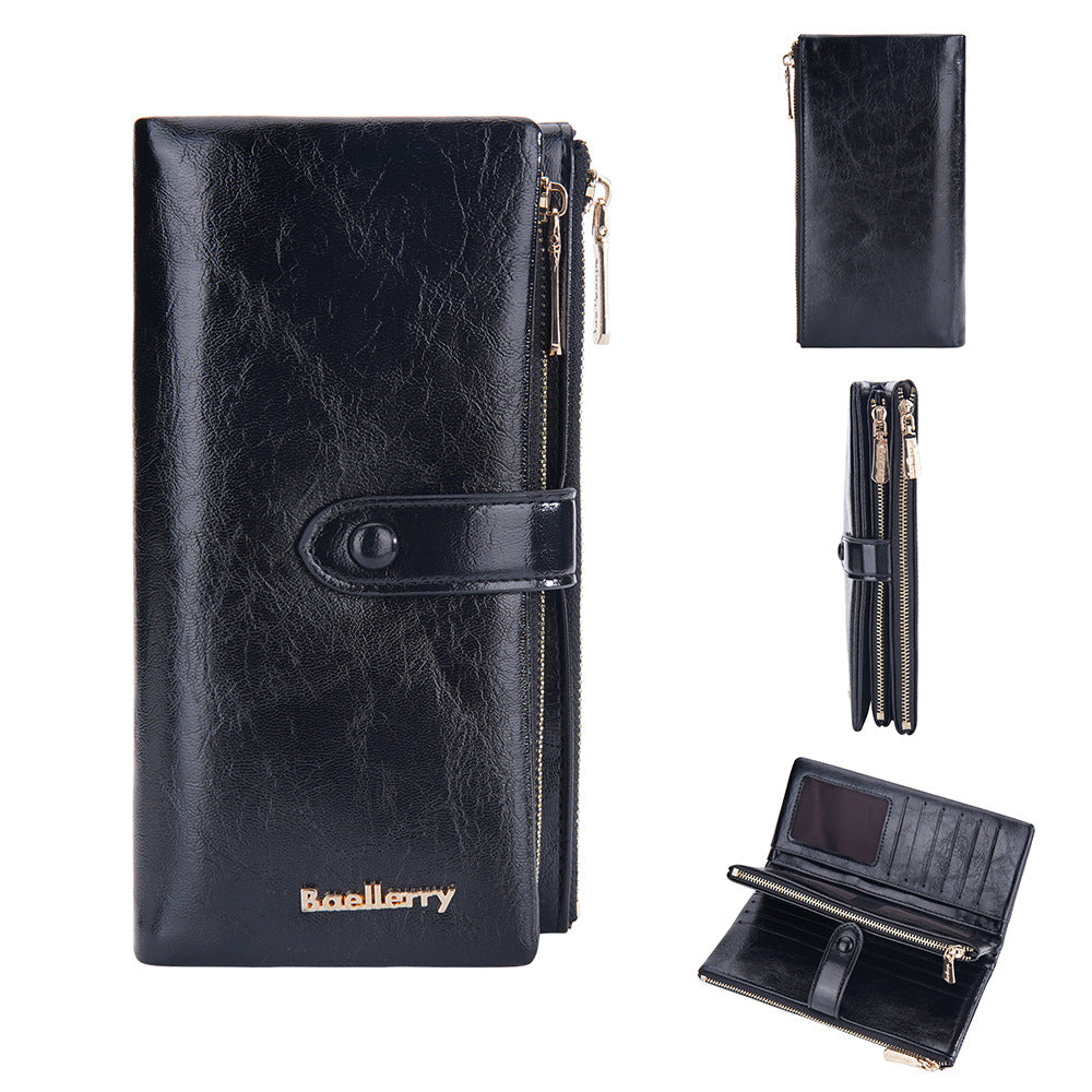 Women's Long Oil Wax Leather With Double Coin Purses