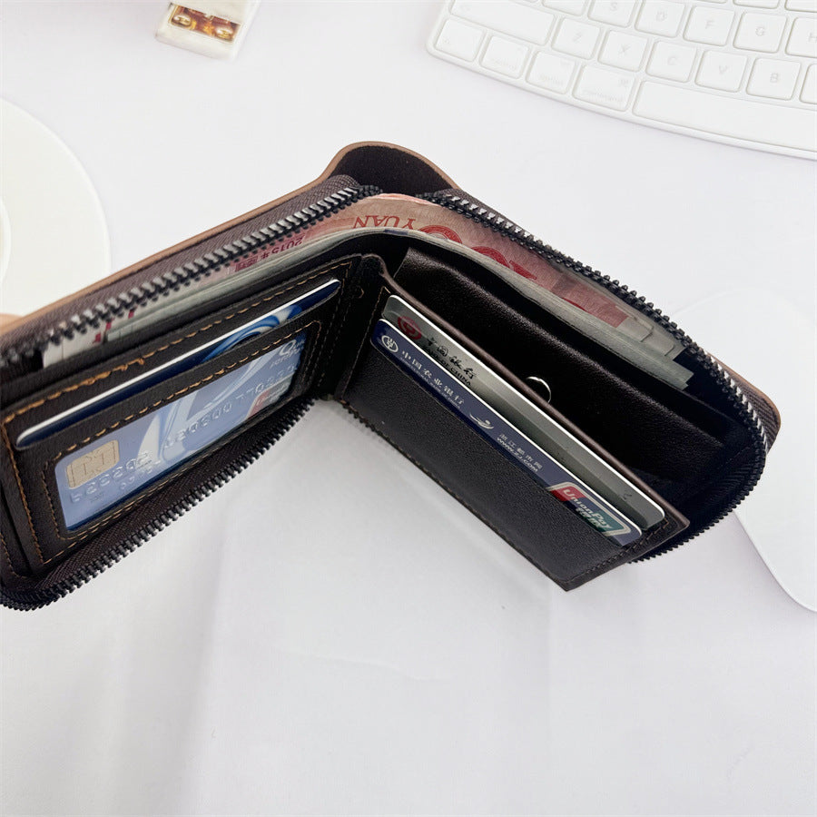 Men's Short Horizontal Zipper Two-fold Vintage Cubic Men's Wallets