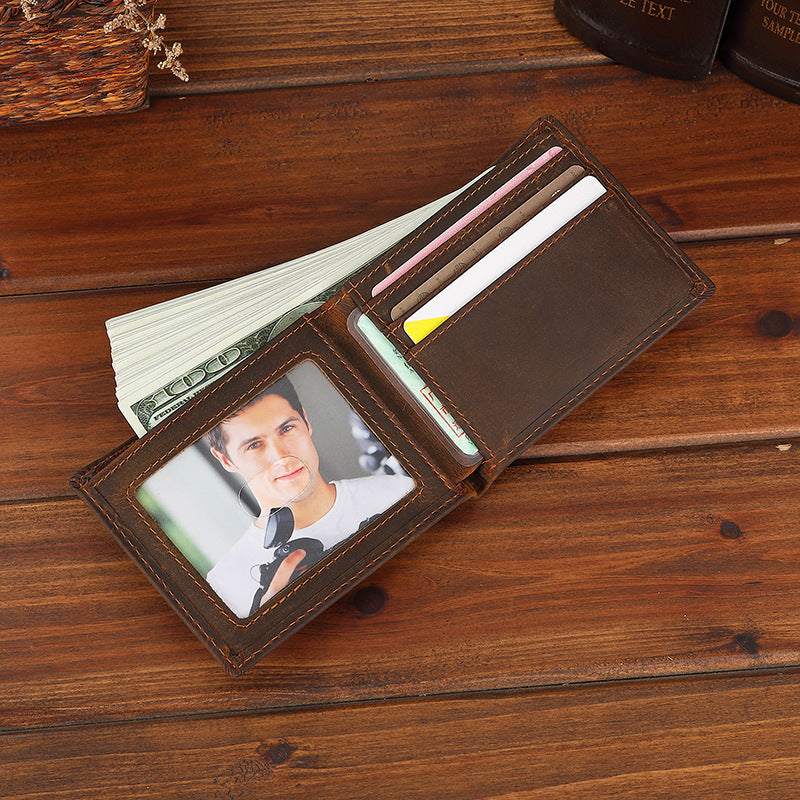 Men's Gold Clip Crazy Horse Leather Horizontal Genuine First Layer Bags