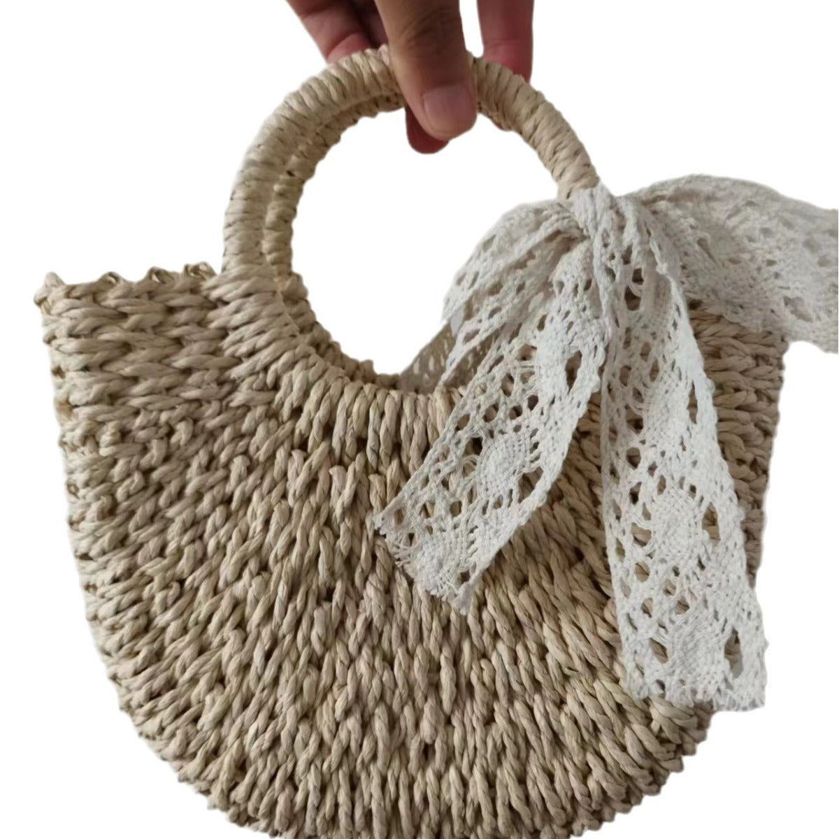 Women's Korean Lace Bow Woven Rattan Straw Handbags