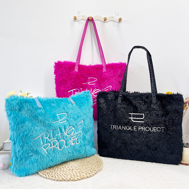 Autumn Fashion Portable Pink Embroidered Plush Tote Bags
