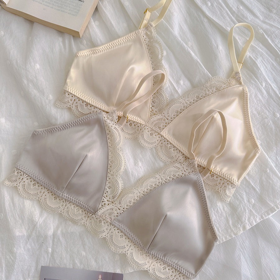French Lace Thin Satin Simple Solid Lingerie Sets