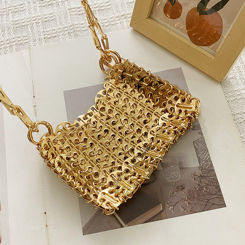 Women's Retro Metal Sequins Chain Hand-woven Sequin Underarm Mobile Phone Bags