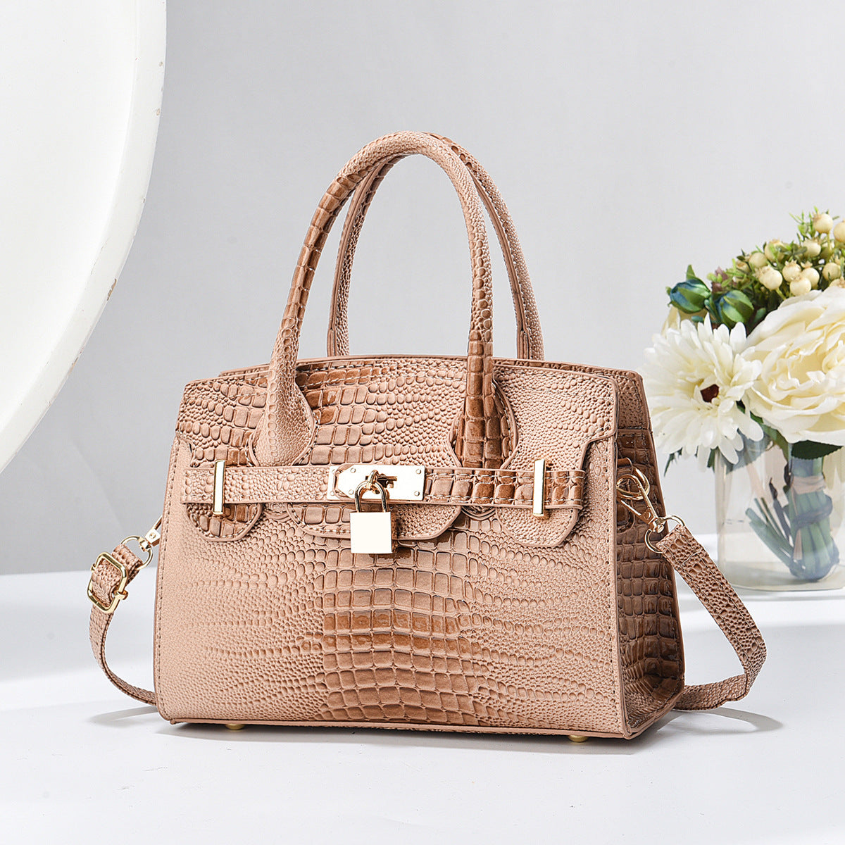 Durable Bright Leather Stone Pattern Alligator Handbags