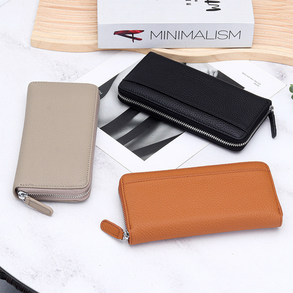 Women's Swiping Long Large Capacity Zipper Cowhide Ladies Wallet