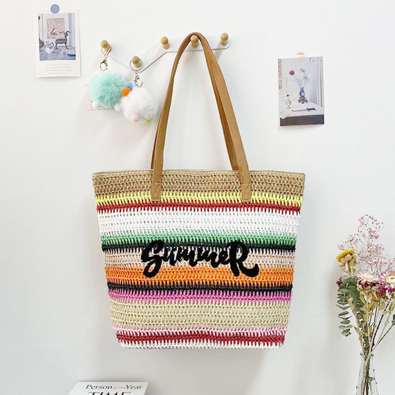Women's Straw Shopping Striped Letters Beach Handbags