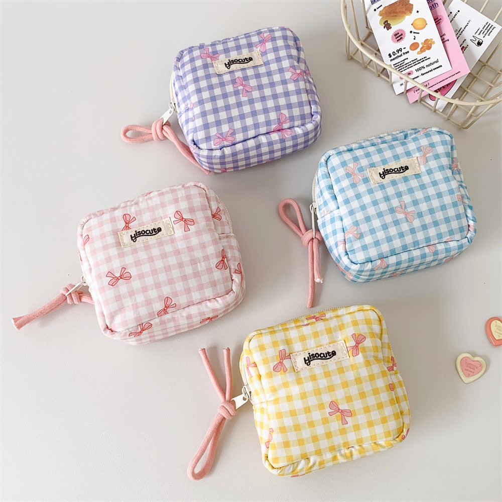 Women's Plaid Bowknot Portable Out Sanitary Napkin Storage Makeup Bag
