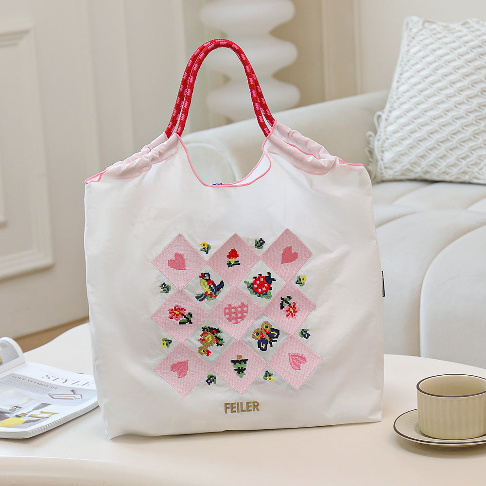 Women's Embroidered Tea Cup Environmental Protection Shopping Large Capacity Women's Shoulder Bag