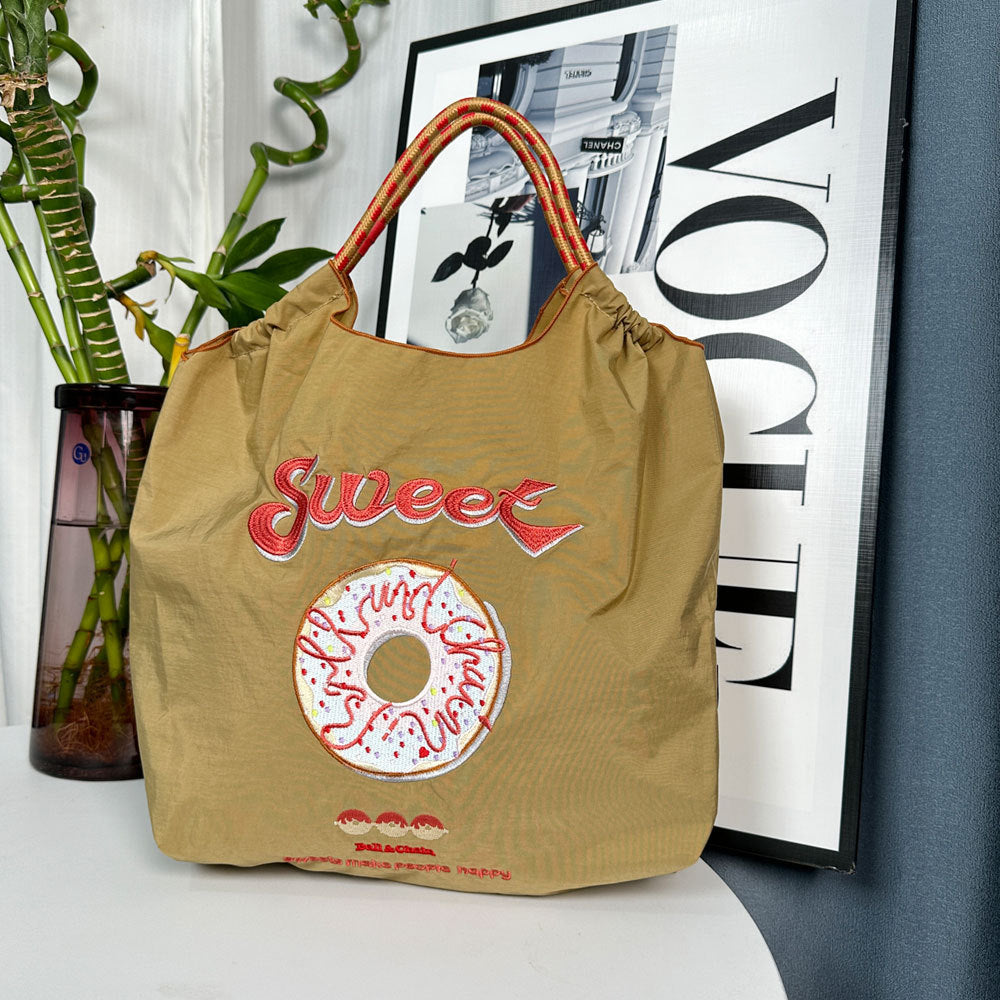 Donut Embroidery Shopping Large Capacity Nylon Handbags