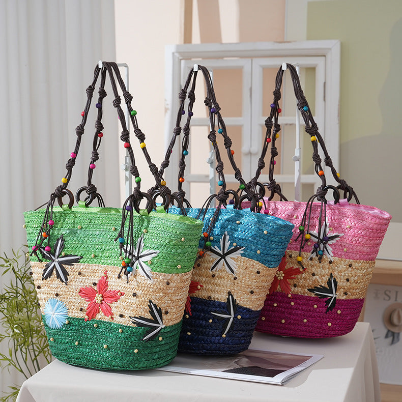 Women's Straw Grass Hand-knitted Embroidered Three-color Starry Sky Wooden Bead Woven Bags