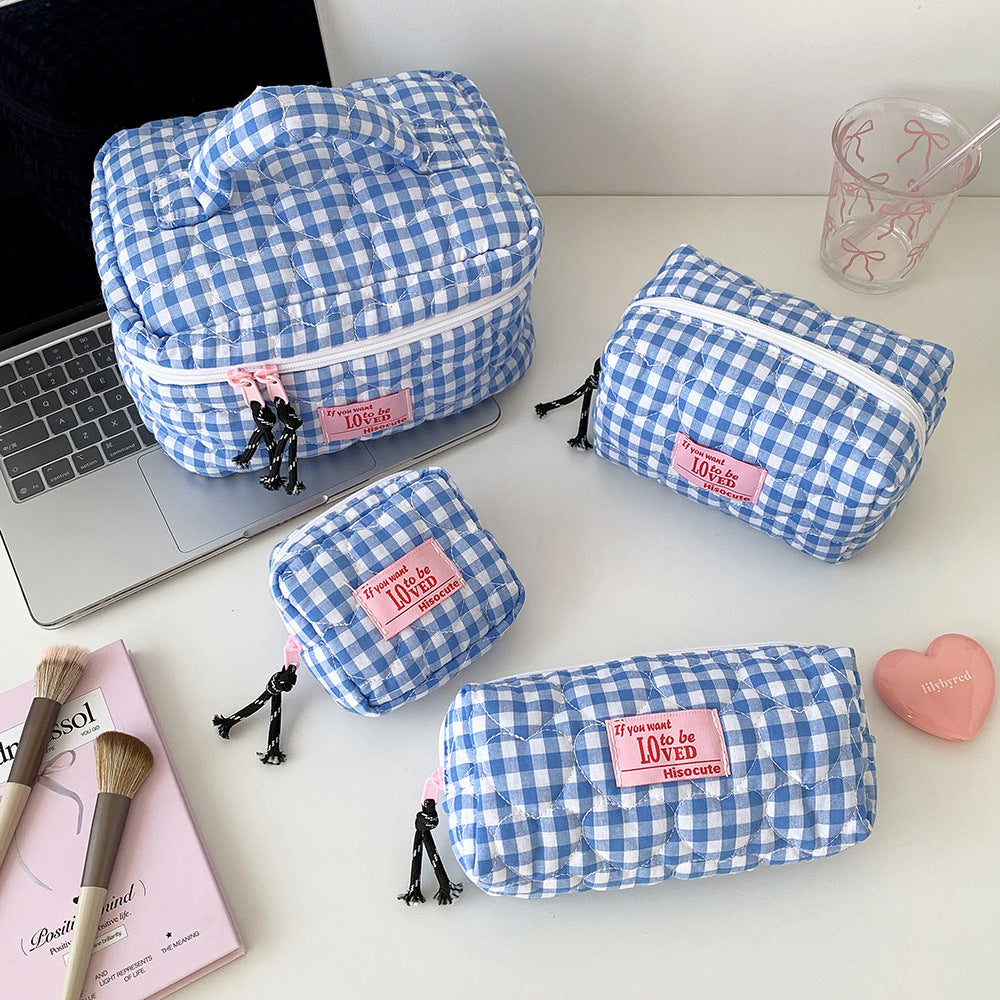Quilted Love Plaid Cosmetics Storage Portable Makeup Bag