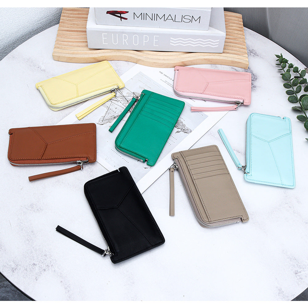 Women's Layer Cowhide Stitching Multiple Slots Zipper Coin Purses