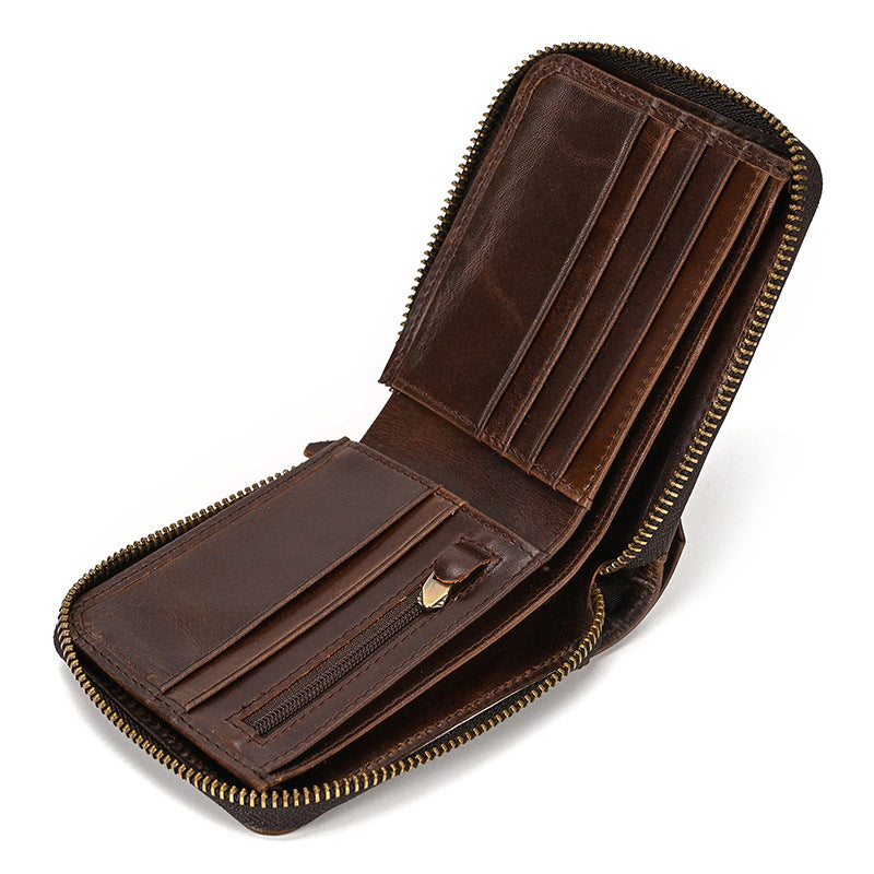 Men's Leather Snap Button Cowhide Zipper With Two Men's Wallet