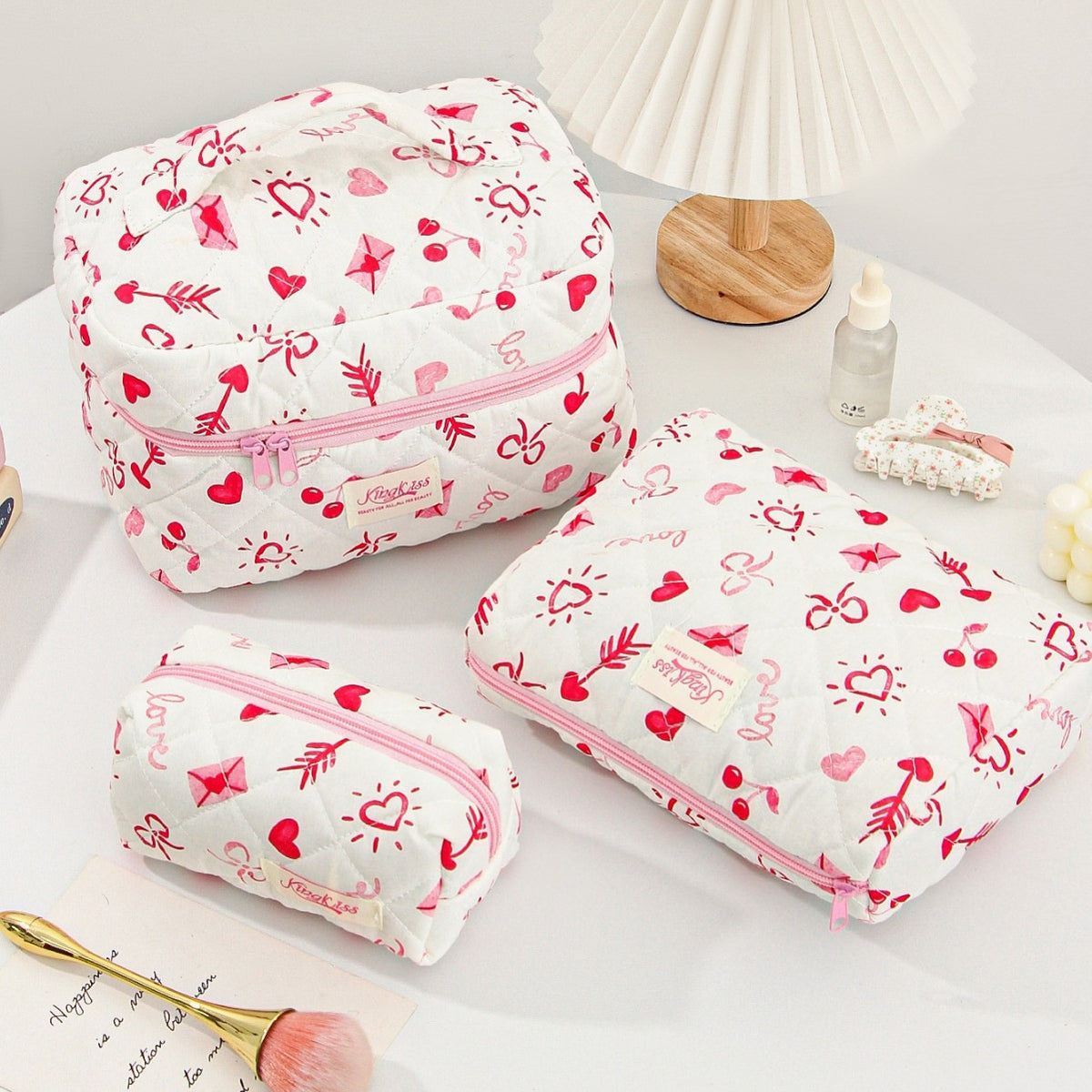 Love Heart Bow Portable Large Capacity Makeup Bag