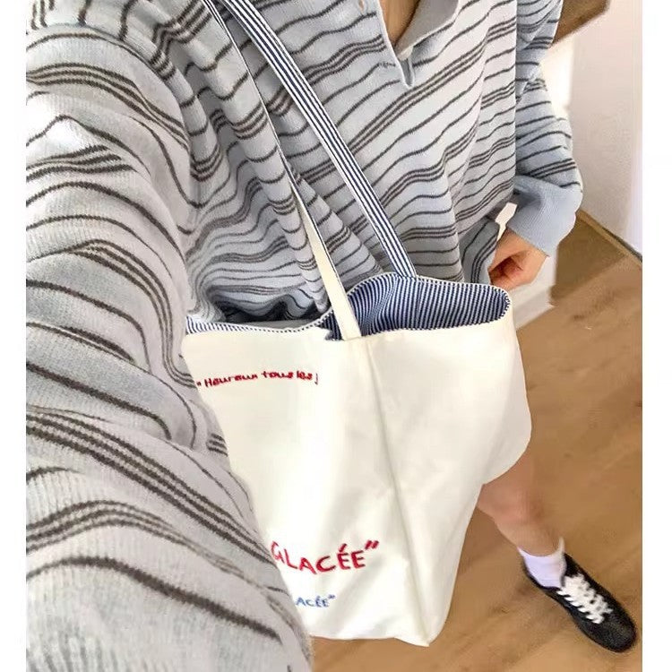 White Large Capacity Embroidered Double-sided Canvas Women's Shoulder Bag