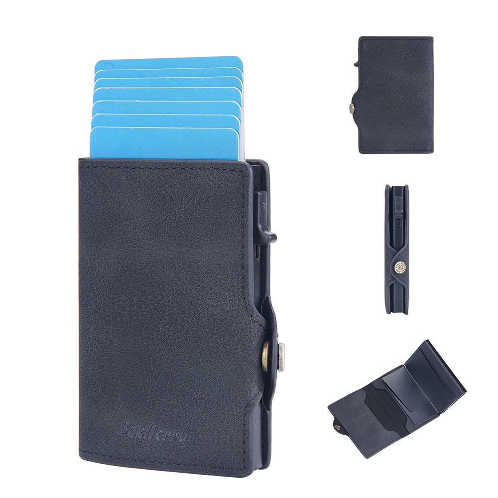 Men's Contrast Color Side Push Short Automatic Card Holder